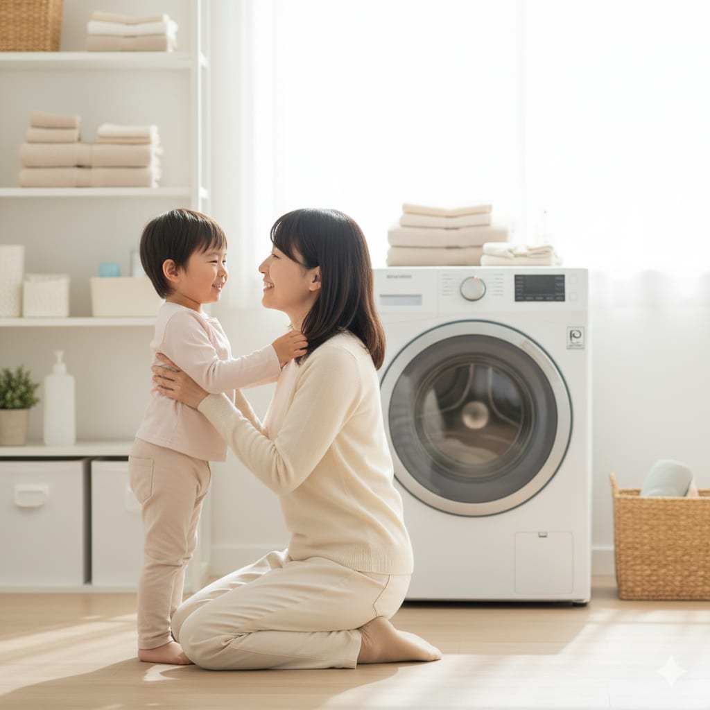 洗濯機のそばで過ごす親子のイメージ